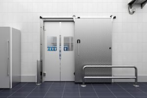 Gefrierraum-Schiebetür HIS 120 in Kombination mit Faltschnelllauftor F 4010 Cold. Oberfläche Edelstahl kreismattiert.
