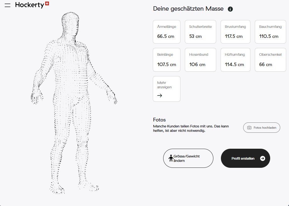 Körperprofil von Hockerty mit dreizehn Massen am dreidimensionalen Modell